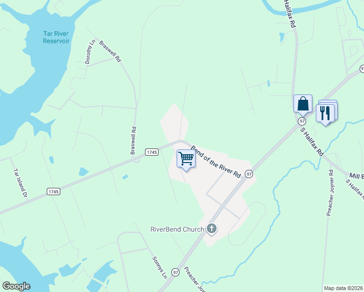 map of restaurants, bars, coffee shops, grocery stores, and more near 8760-8798 Bend of the River Road in Rocky Mount