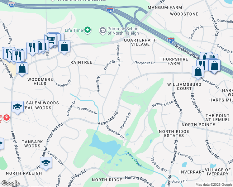 map of restaurants, bars, coffee shops, grocery stores, and more near 7816 Haymarket Lane in Raleigh