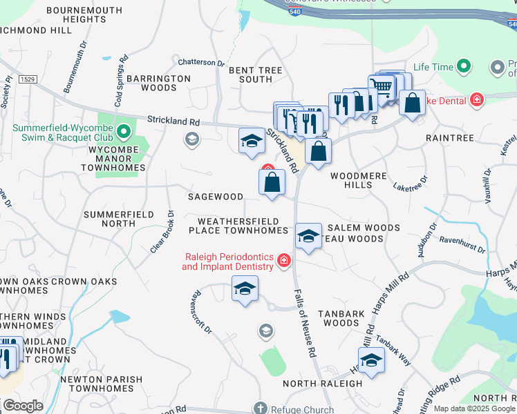 map of restaurants, bars, coffee shops, grocery stores, and more near 8808 Mourning Dove Road in Raleigh