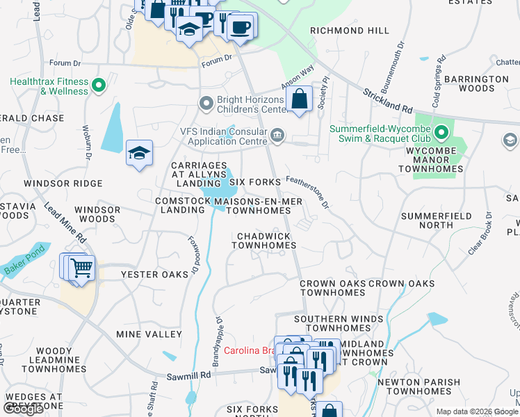 map of restaurants, bars, coffee shops, grocery stores, and more near 207 Bon Marche Lane in Raleigh