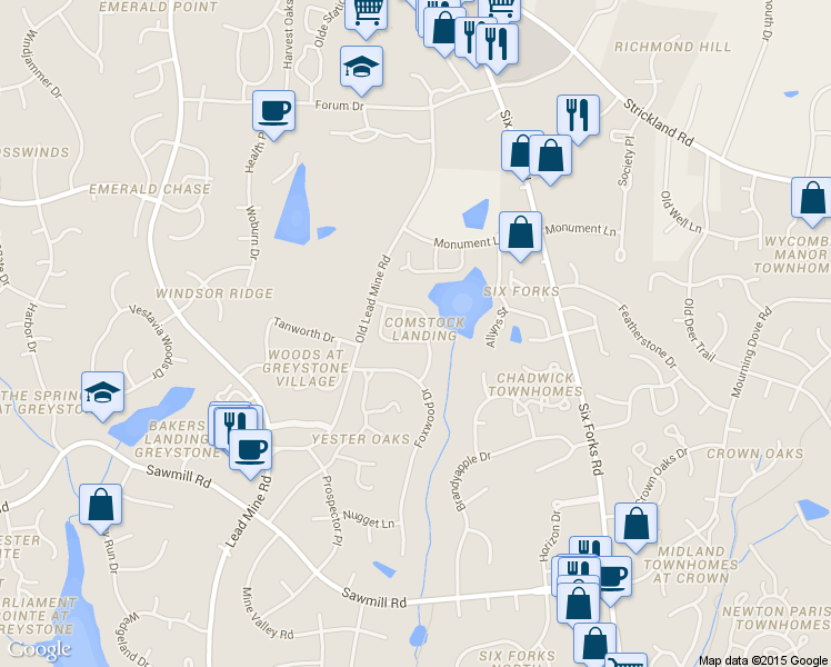 map of restaurants, bars, coffee shops, grocery stores, and more near 8020 Thrush Ridge Lane in Raleigh