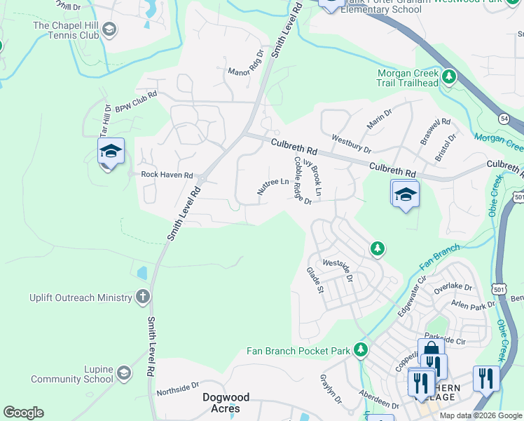 map of restaurants, bars, coffee shops, grocery stores, and more near 100 Rossburn Way in Chapel Hill