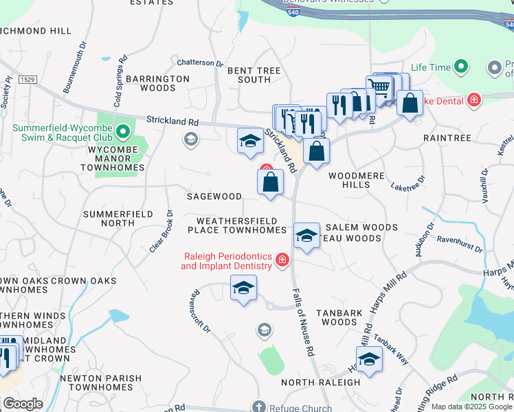 map of restaurants, bars, coffee shops, grocery stores, and more near 8808 Mourning Dove Road in Raleigh