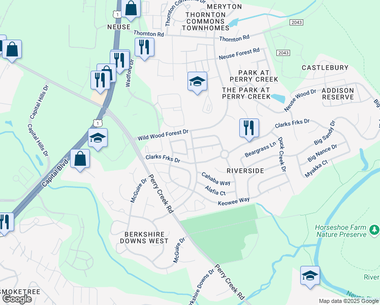 map of restaurants, bars, coffee shops, grocery stores, and more near 8105 Satillo Lane in Raleigh