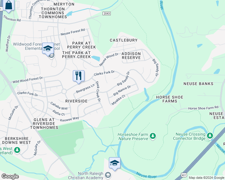 map of restaurants, bars, coffee shops, grocery stores, and more near 5914 Big Sandy Drive in Raleigh