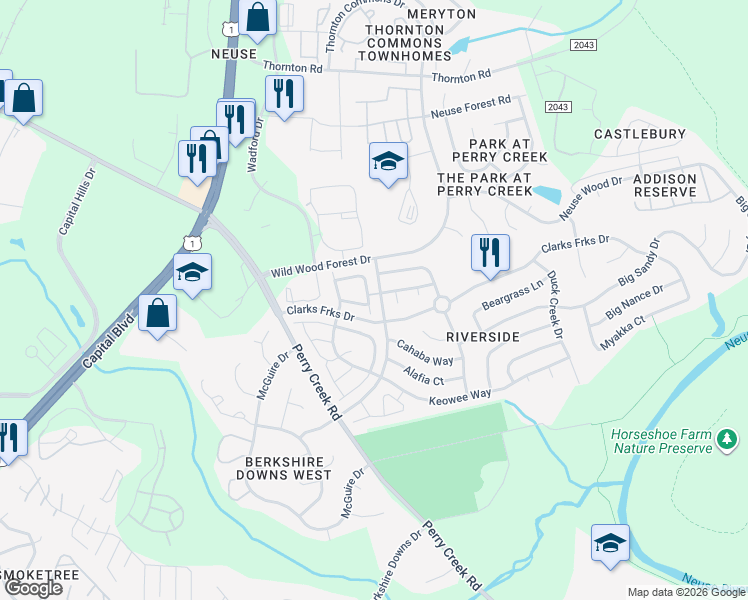 map of restaurants, bars, coffee shops, grocery stores, and more near 5401 Kissimmee Lane in Raleigh