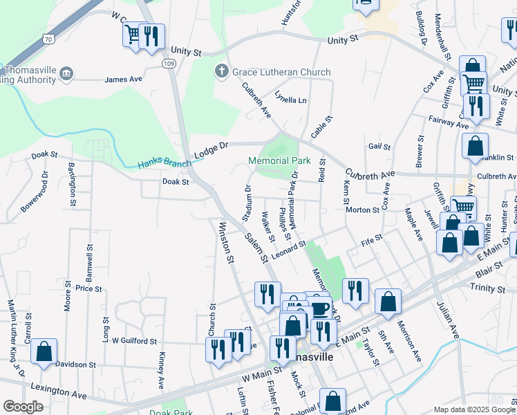 map of restaurants, bars, coffee shops, grocery stores, and more near 5 June Street in Thomasville