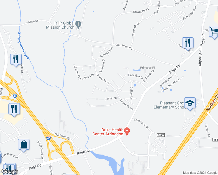 map of restaurants, bars, coffee shops, grocery stores, and more near 114 Winifred Drive in Morrisville