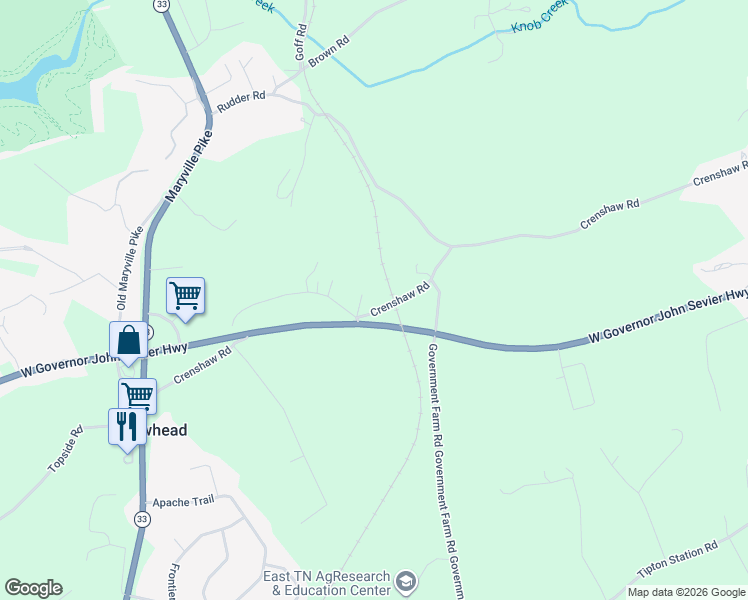 map of restaurants, bars, coffee shops, grocery stores, and more near 2513 Crenshaw Road in Knoxville