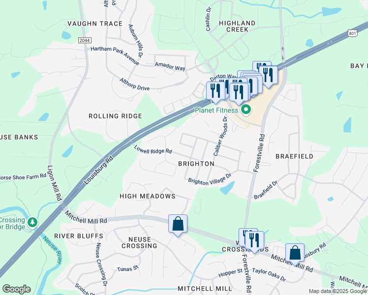 map of restaurants, bars, coffee shops, grocery stores, and more near 7320 Worsham Drive in Raleigh