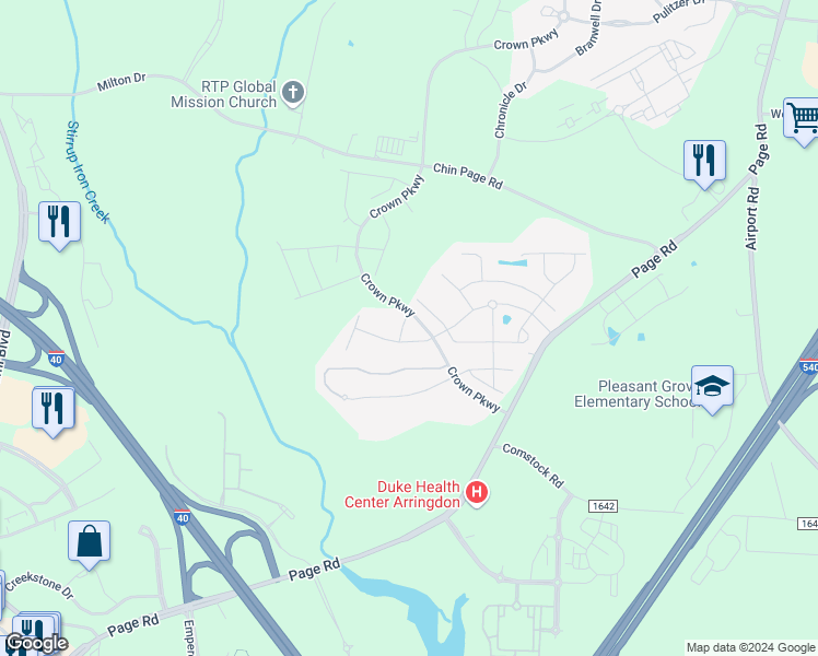 map of restaurants, bars, coffee shops, grocery stores, and more near 114 Winifred Drive in Morrisville