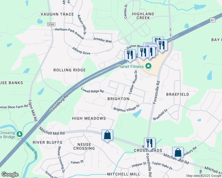 map of restaurants, bars, coffee shops, grocery stores, and more near 7320 Worsham Drive in Raleigh