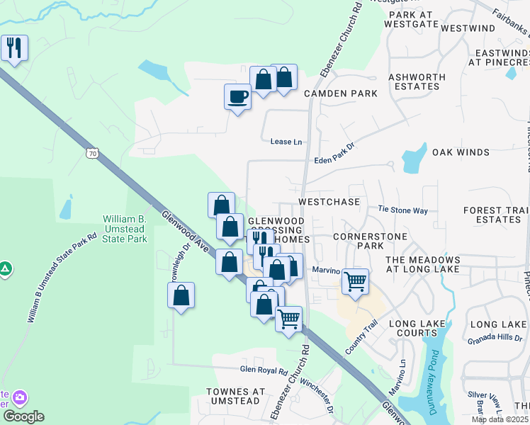 map of restaurants, bars, coffee shops, grocery stores, and more near 8718 Owl Roost Place in Raleigh