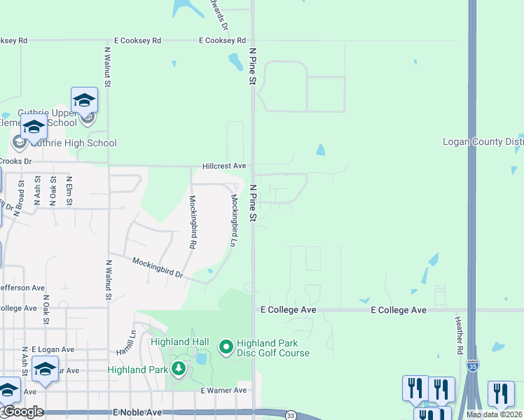 map of restaurants, bars, coffee shops, grocery stores, and more near 1226 North Canyon Road in Guthrie