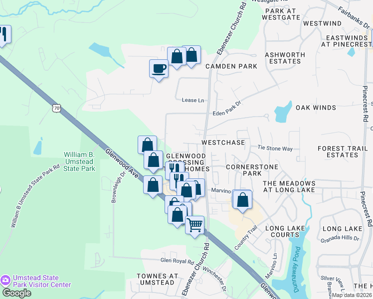 map of restaurants, bars, coffee shops, grocery stores, and more near 8417 SaltWood Place in Raleigh