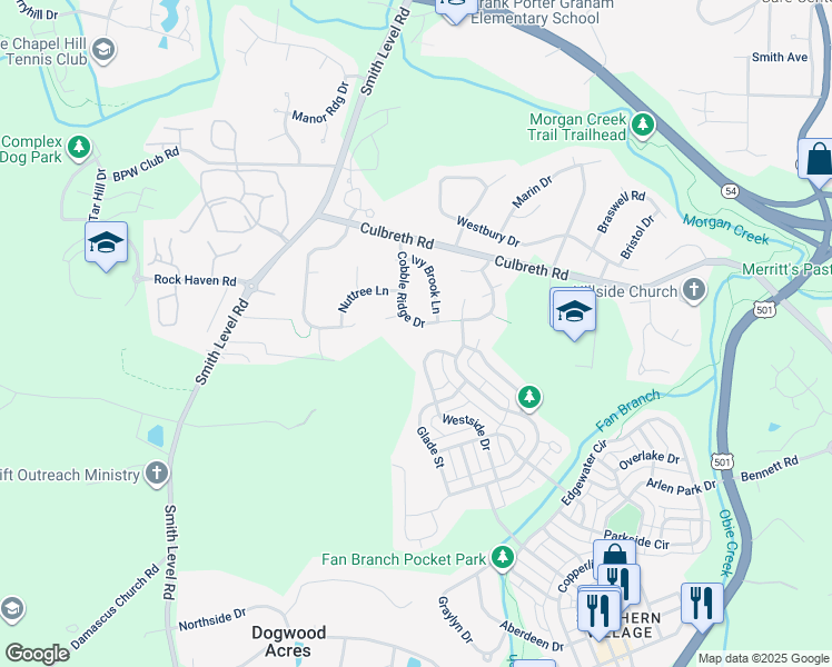 map of restaurants, bars, coffee shops, grocery stores, and more near 210 Cobble Ridge Drive in Chapel Hill