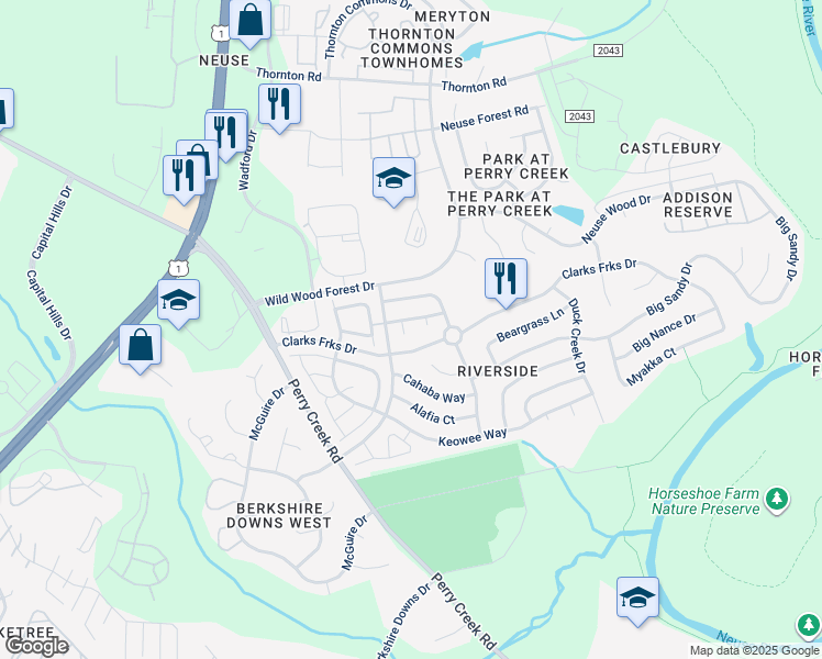 map of restaurants, bars, coffee shops, grocery stores, and more near 8312 Guyandotte Lane in Raleigh