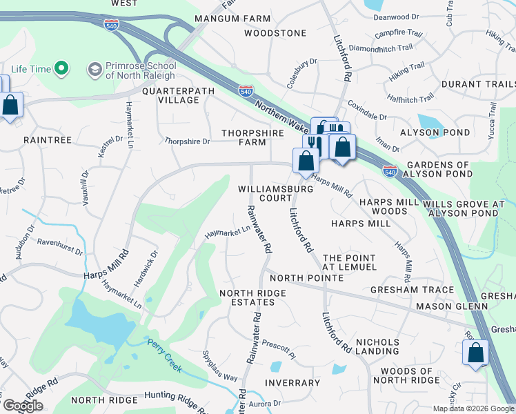map of restaurants, bars, coffee shops, grocery stores, and more near 8100 Bellingham Circle in Raleigh