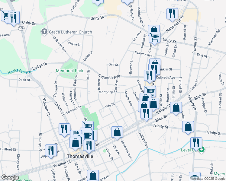 map of restaurants, bars, coffee shops, grocery stores, and more near 304 Cox Avenue in Thomasville