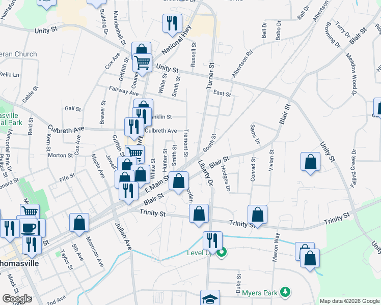 map of restaurants, bars, coffee shops, grocery stores, and more near 102 Turner Street in Thomasville