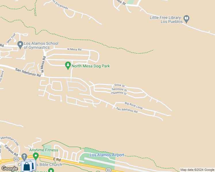 map of restaurants, bars, coffee shops, grocery stores, and more near 1067 Sioux Street in Los Alamos