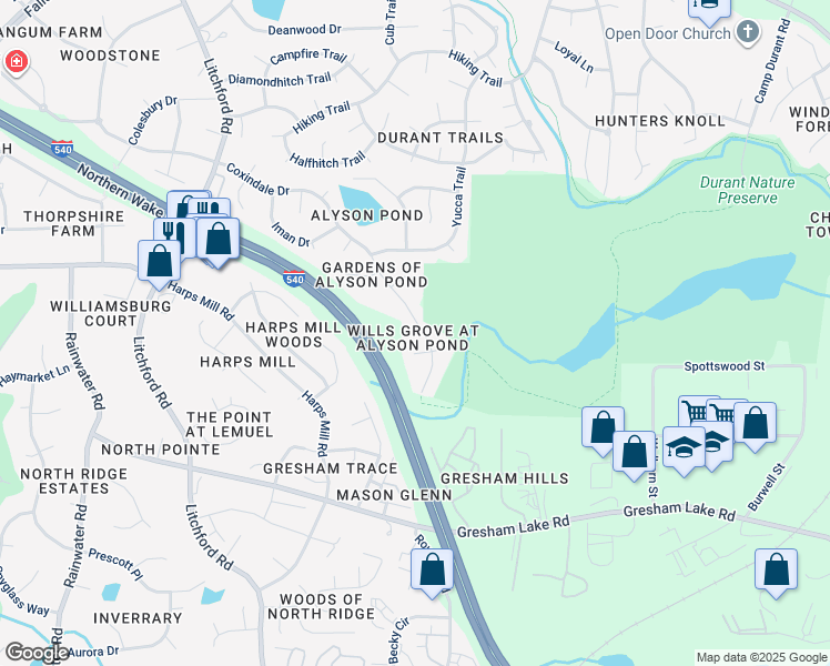 map of restaurants, bars, coffee shops, grocery stores, and more near 3038 Coxindale Drive in Raleigh