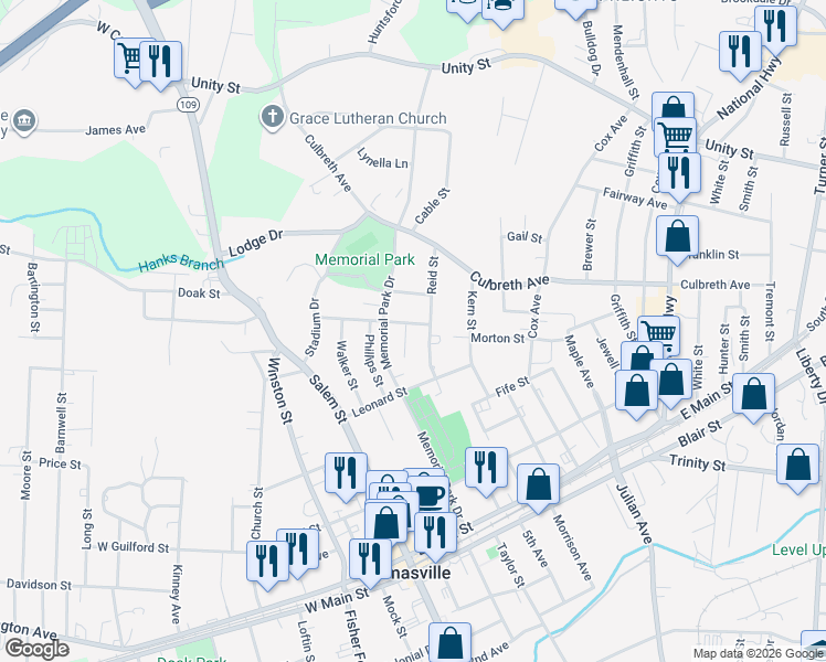 map of restaurants, bars, coffee shops, grocery stores, and more near 203 June Street in Thomasville