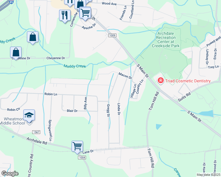 map of restaurants, bars, coffee shops, grocery stores, and more near 300 Gregg Street in Archdale