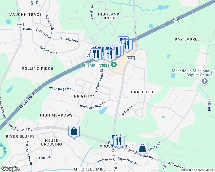 map of restaurants, bars, coffee shops, grocery stores, and more near 7537 Brighton Hill Lane in Raleigh