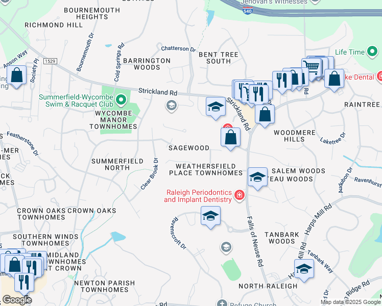 map of restaurants, bars, coffee shops, grocery stores, and more near 8704 Mourning Dove Road in Raleigh
