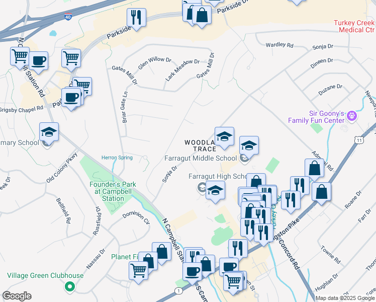 map of restaurants, bars, coffee shops, grocery stores, and more near 11217 Sonja Drive in Knoxville