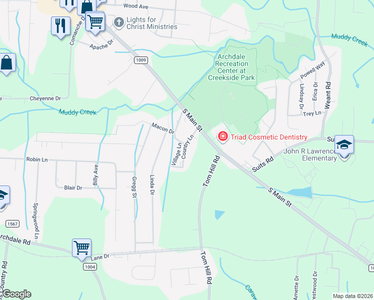 map of restaurants, bars, coffee shops, grocery stores, and more near 5106 Country Lane in Archdale