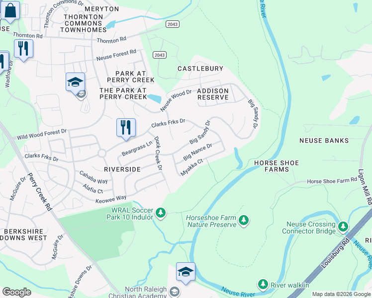 map of restaurants, bars, coffee shops, grocery stores, and more near 5934 Big Sandy Drive in Raleigh