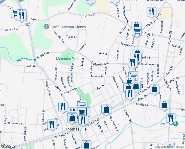 map of restaurants, bars, coffee shops, grocery stores, and more near 403 Kern Street in Thomasville