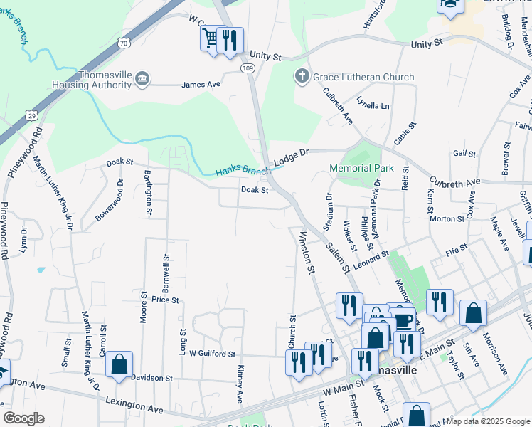 map of restaurants, bars, coffee shops, grocery stores, and more near 107 Brown St in Thomasville