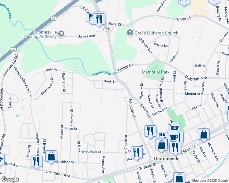 map of restaurants, bars, coffee shops, grocery stores, and more near 107 Brown St in Thomasville