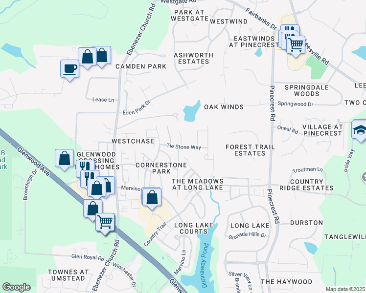 map of restaurants, bars, coffee shops, grocery stores, and more near 8340 Tie Stone Way in Raleigh
