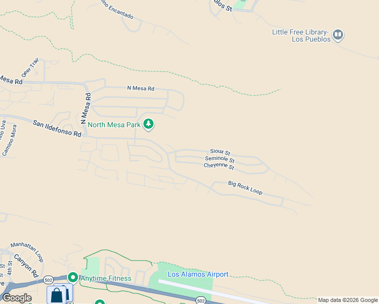 map of restaurants, bars, coffee shops, grocery stores, and more near 1020 Sioux Street in Los Alamos