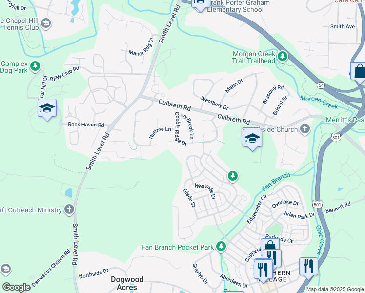 map of restaurants, bars, coffee shops, grocery stores, and more near 210 Cobble Ridge Drive in Chapel Hill