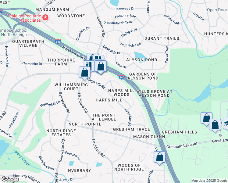 map of restaurants, bars, coffee shops, grocery stores, and more near 8624 Paddle Wheel Drive in Raleigh
