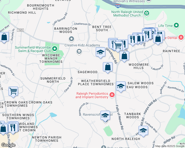 map of restaurants, bars, coffee shops, grocery stores, and more near 8712 Mourning Dove Road in Raleigh