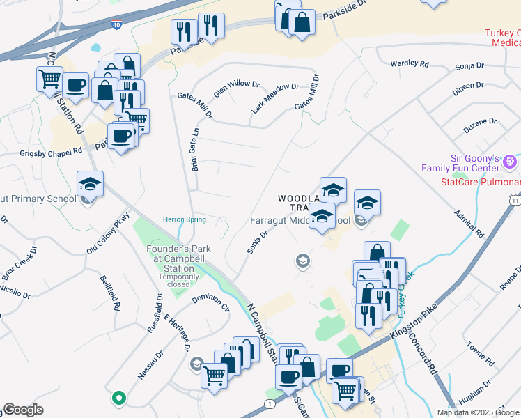 map of restaurants, bars, coffee shops, grocery stores, and more near 236 Woodland Trace Drive in Knoxville