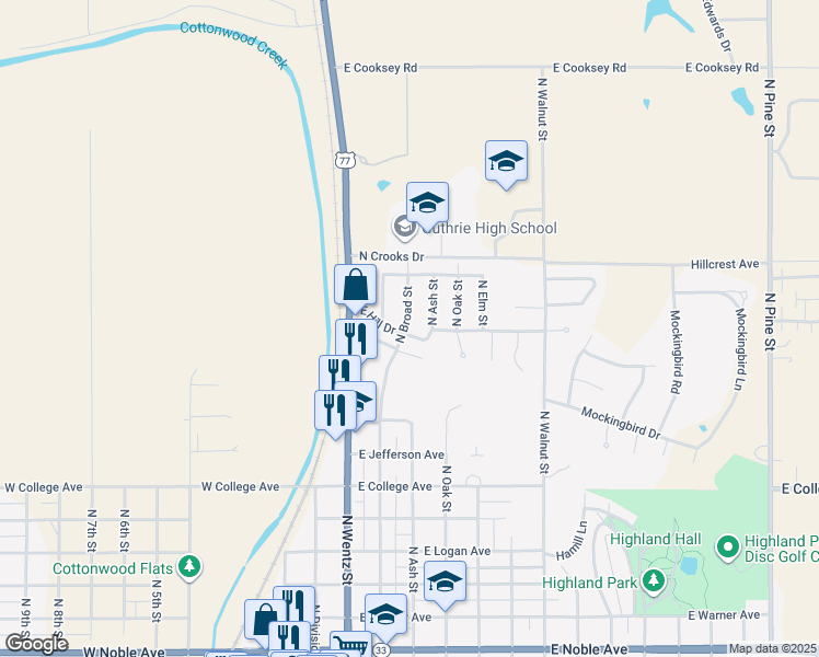 map of restaurants, bars, coffee shops, grocery stores, and more near 1227 North Broad Street in Guthrie