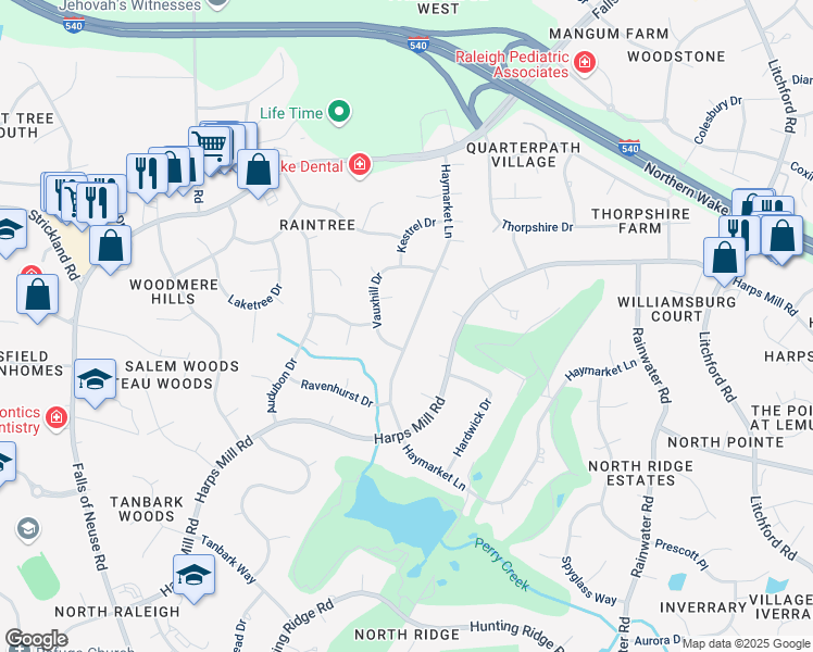map of restaurants, bars, coffee shops, grocery stores, and more near 7809 Haymarket Lane in Raleigh