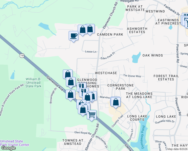 map of restaurants, bars, coffee shops, grocery stores, and more near 8320 Ebenezer Church Road in Raleigh