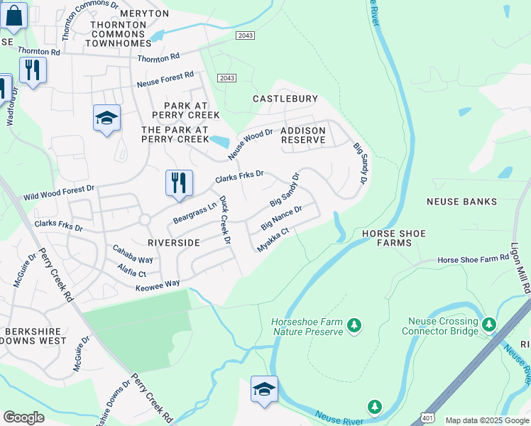 map of restaurants, bars, coffee shops, grocery stores, and more near 5922 Big Sandy Drive in Raleigh