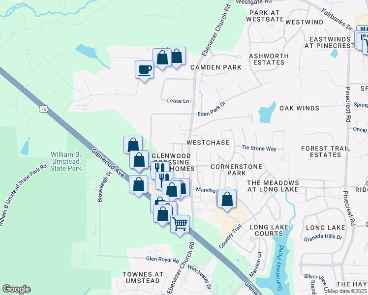 map of restaurants, bars, coffee shops, grocery stores, and more near 8412 Pilots View Drive in Raleigh