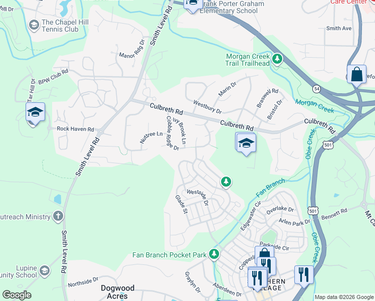 map of restaurants, bars, coffee shops, grocery stores, and more near 300 Cobble Ridge Drive in Chapel Hill