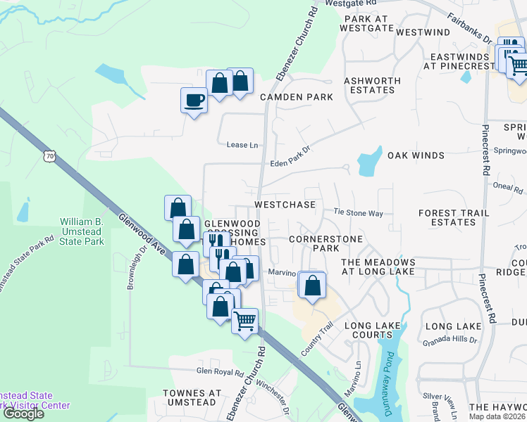 map of restaurants, bars, coffee shops, grocery stores, and more near 8320 Ebenezer Church Road in Raleigh