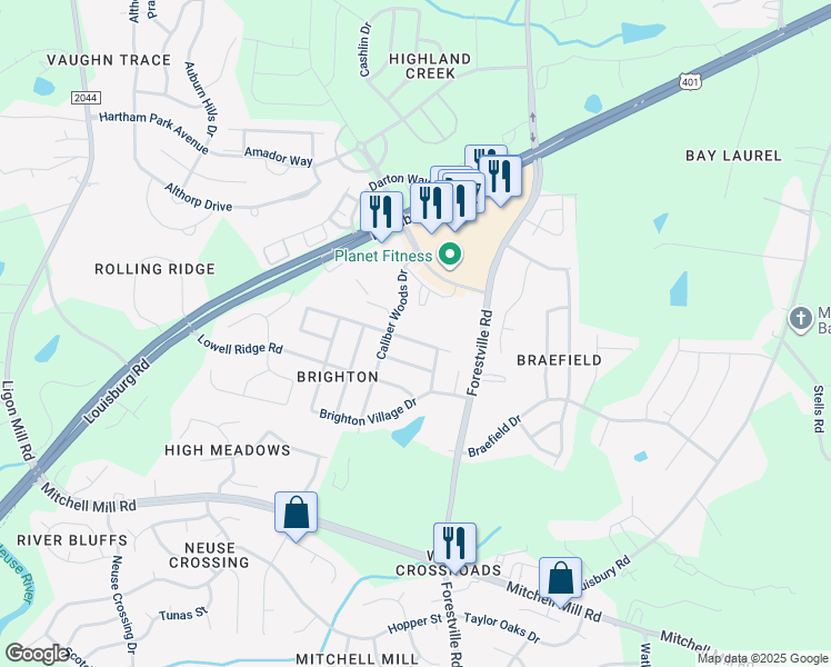 map of restaurants, bars, coffee shops, grocery stores, and more near 7525 Brighton Hill Lane in Raleigh